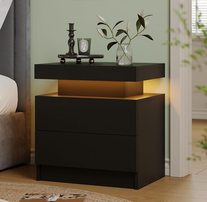 Black LED Night Stand Modern Nightstand with 2 Drawers Bedside Table for Bedroom End Side Table