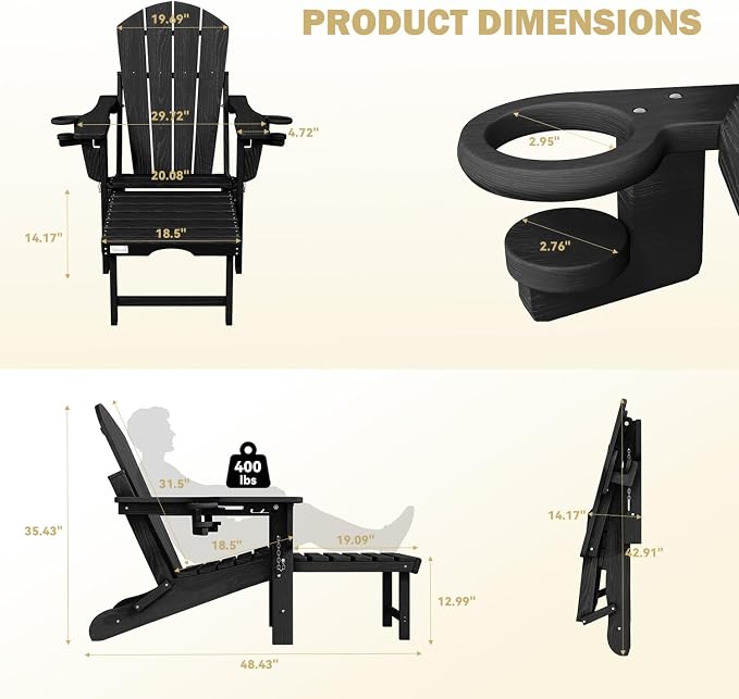 Mdeam 3-Level Adjustable Adirondack Chair with Retractable Ottoman, HDPE All-Weather Folding Fire Pit Chair with 2 Cup Holders, Outdoor Chair for Deck Patio Garden Backyard Lawn (Black)