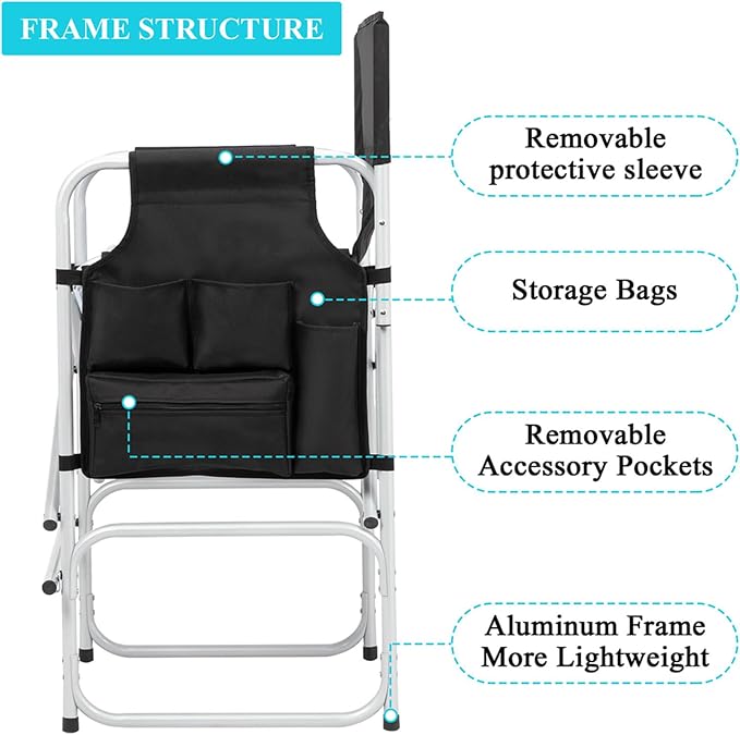 Tall Directors Chairs Foldable Makeup Artist Chair Seat Height 26.5 inches Heavy Duty Folding Camping Chair Outdoor Portable Director Chair with Side Table Storage Bag Cup Holder Footrest,Black
