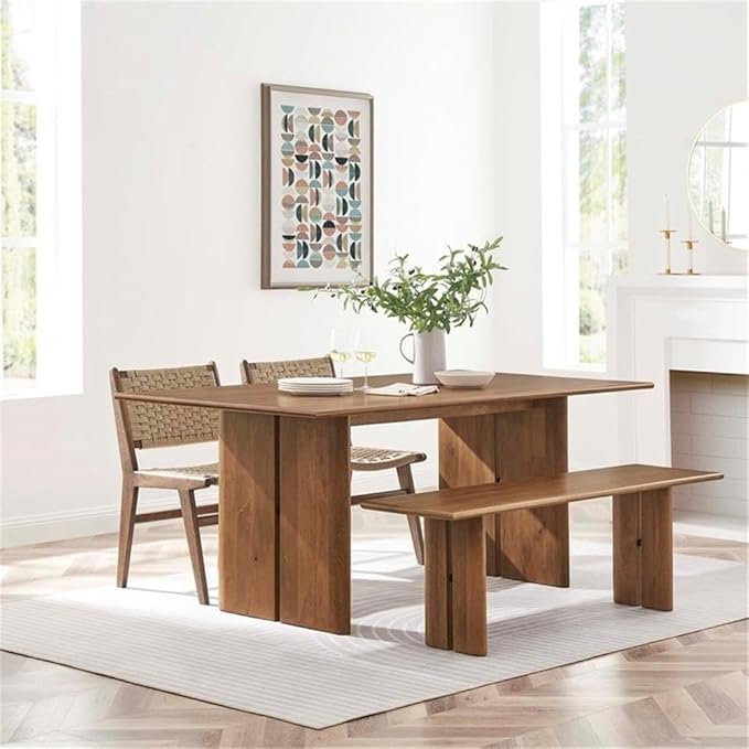 Modway Amistad 72" Solid Wood Modern Farmhouse Rectangular Dining Table and Bench Set in Walnut