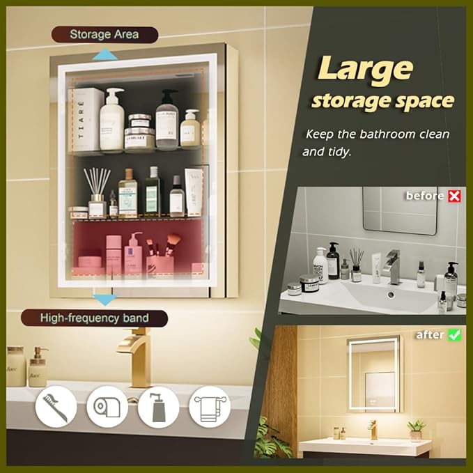 GANPE LED Lighted Bathroom Medicine Mirror Cabinet with Sockets & USBs, Anti-Fog Dimmable Light and Color Adjustment, Easy to Install Aluminum Cabinet (20 * 28 Left Hinge)