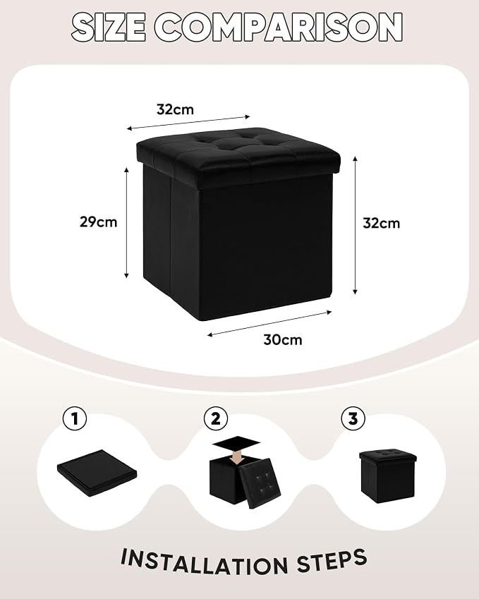 B FSOBEIIALEO Storage Ottoman Small Cube, Foot Rest Seat Faux Leather Dorm Room Ottoman Black 12.6"X12.6"X12.6" (2 Pack)