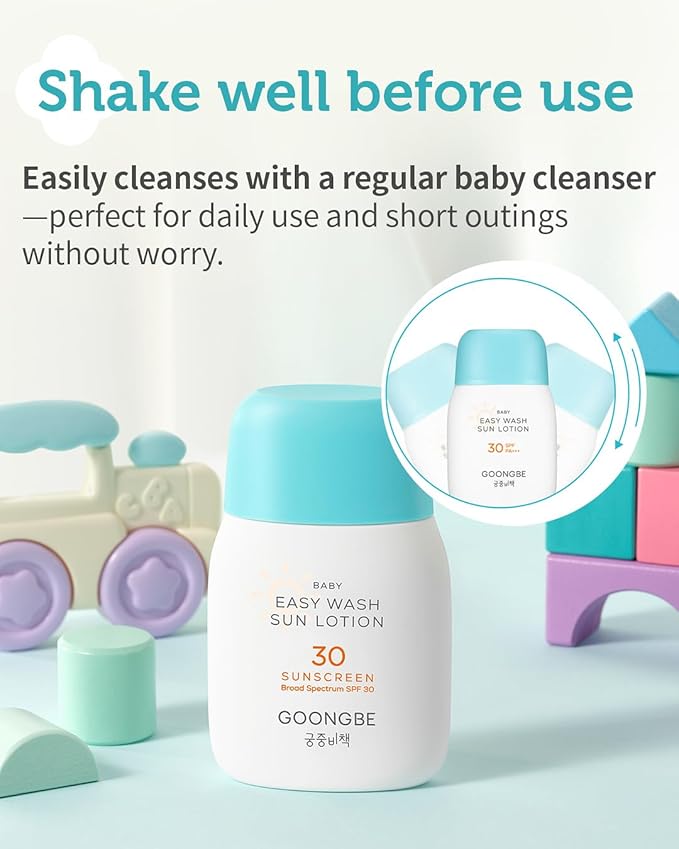 GOONGBE Baby Kids Easy Wash Sun Lotion SPF 30 & Cooling Gel Cream - Zinc Oxide Mineral Sunscreen & 3-Second Soothing Relief - Vegan Hypoallergenic for Sensitive Skin, 2.11oz & 3.38oz