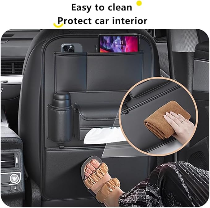 Tumecos Car Backseat Storage Bag,Seat Back Organizer with Tissue Box,Multifunctional Kick Mat,Backseat Protector Cover Pad,Large Capacity Seat Back Storage Hanging Bag(Style A)