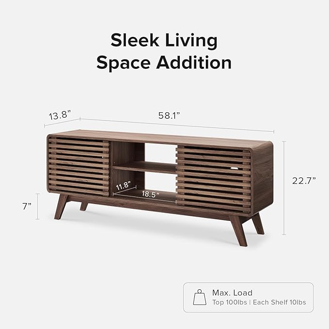 mopio Ensley 59" Tall TV Stand with Slatted Door, Mid Century Modern Entertainment Center for 55-65 inch TV, Farmhouse Media Console with Storage, Adjustable Shelves, Round Edges, Living Room (Walnut)