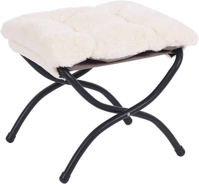 LITA Folding Upholstered Footrest Stool, Modern Small Portable Accent Ottoman with Detachable Thick Cotton Cushion Padded Sofa Stool with Metal Frame for Lazy Chair, Living Room & Bedroom, Plush Beige
