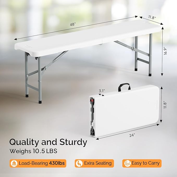 VINGLI 4 feet Plastic Folding Bench,Portable in/Outdoor Picnic Party Camping Dining Seat, Garden Soccer Multipurpose Entertaining Activities, Smooth HDPE Tabletop (2, White, 4ft)