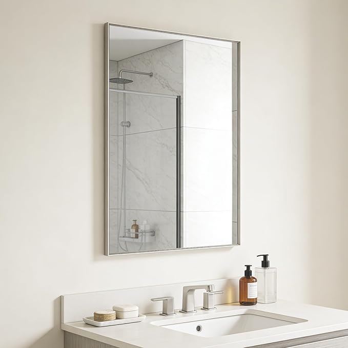 Bathroom Mirror for Wall, 36x24 Inch Metal Framed Mirror, Brushed Nickel Rectangle Mirror, Bathroom Vanity Mirror Farmhouse, Tempered Glass, Anti-Rust, Hangs Horizontally or Vertically