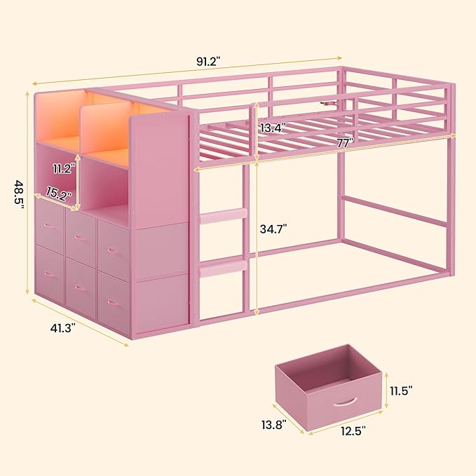 BTHFST Bunk Bed Twin Over Twin with 6 Large Fabric Drawers & 4 Storage Bookshelf, Metal Low Bunk Bed for Kids with LED Lights & Ladder and Guardrail, Space Saving, for Girls, Pink