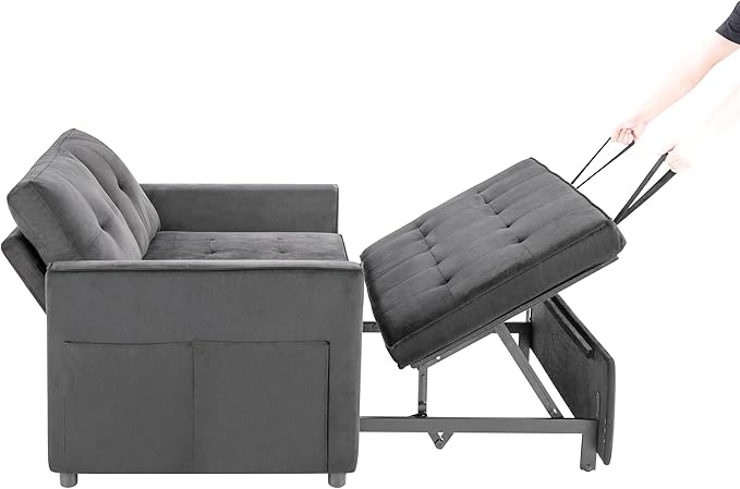 Sofa Bed, Pull Out Couch with Side Pockets, 3 in 1 Velvet Fabric Loveseat Sleeper Sofa Bed, Pull Out Couch with Adjustable Backrest for Living Room, Bedroom, Apartment, Gray, 53 Inch