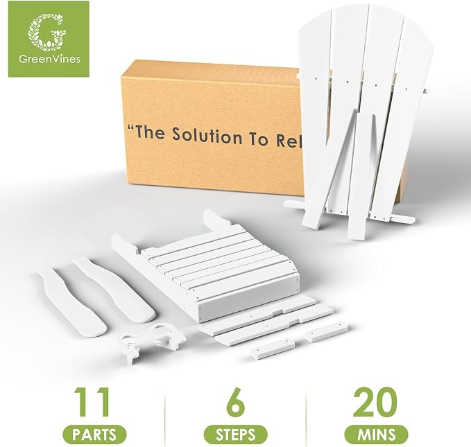 GREENVINES Adirondack-Chairs-with-Ottoman | Set of 4 | Folding | Retractable-Footrest | HDPE Plastic | All Weather Fire Pit Chair | Cup Holders | White | for Outdoor Poolside
