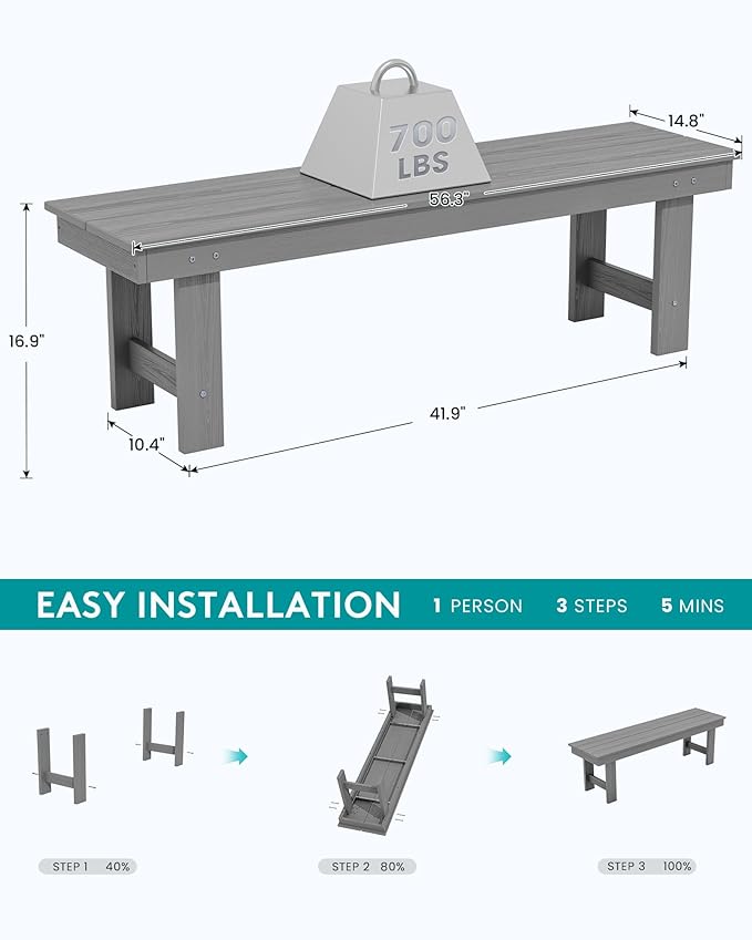 SERWALL 2-Person Outdoor Bench Backless, HDPE Outdoor Benches Weatherproof, 660 Lbs Weight Capacity, Poly Lumber Patio Furniture for Garden, Porch and Park, Grey