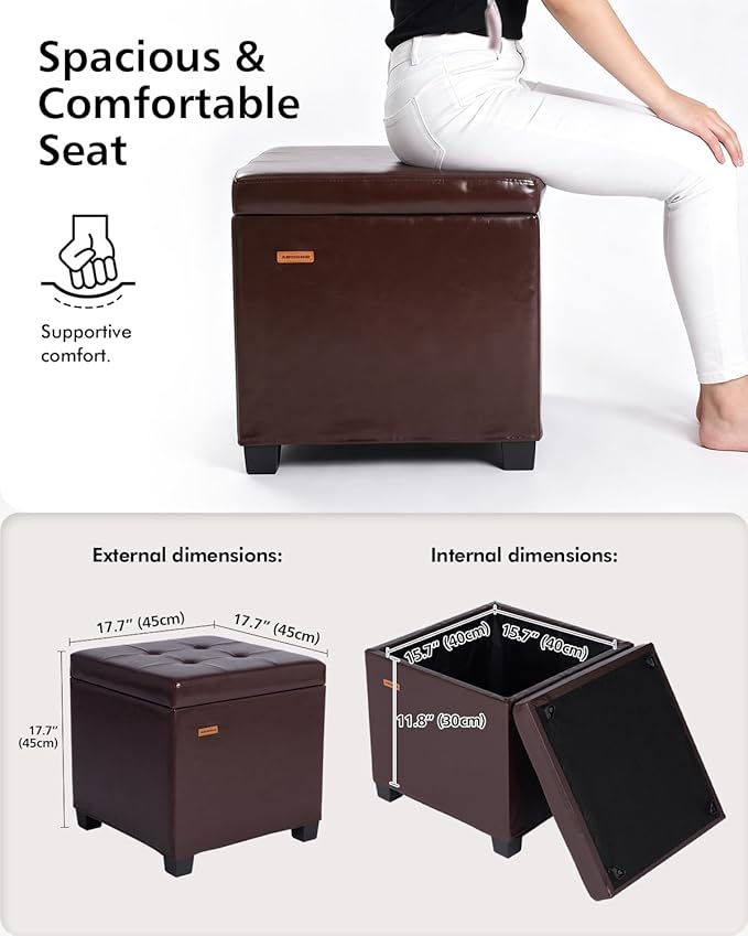 ABHENG Synthetic Leather Cover Steel Frame Ottoman with 48L Storage,17.7" x 17.7" x 17.7" Square Storage Ottoman Stool Cube with Legs,for Dorm Livingroom Brown UASND63R