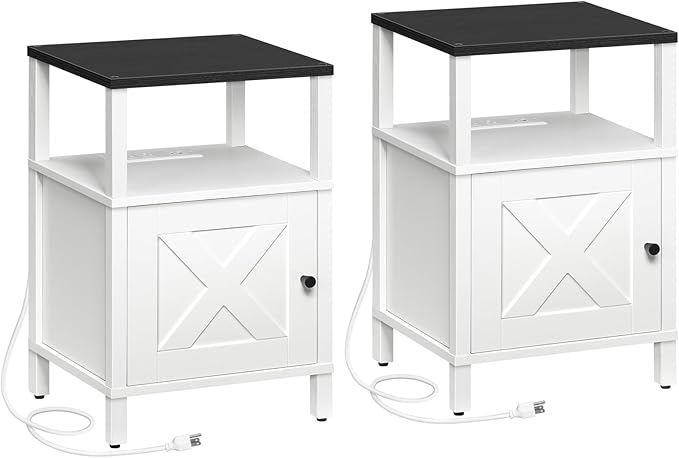 MAHANCRIS Set of 2 Farmhouse Nightstand with Charging Station, White Night Stand End Table with USB Ports, Bedside Table with Storage Cabinet, Modern Side Table for Bedroom, Black ETBW96E01S2