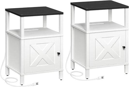 MAHANCRIS Set of 2 Farmhouse Nightstand with Charging Station, White Night Stand End Table with USB Ports, Bedside Table with Storage Cabinet, Modern Side Table for Bedroom, Black ETBW96E01S2