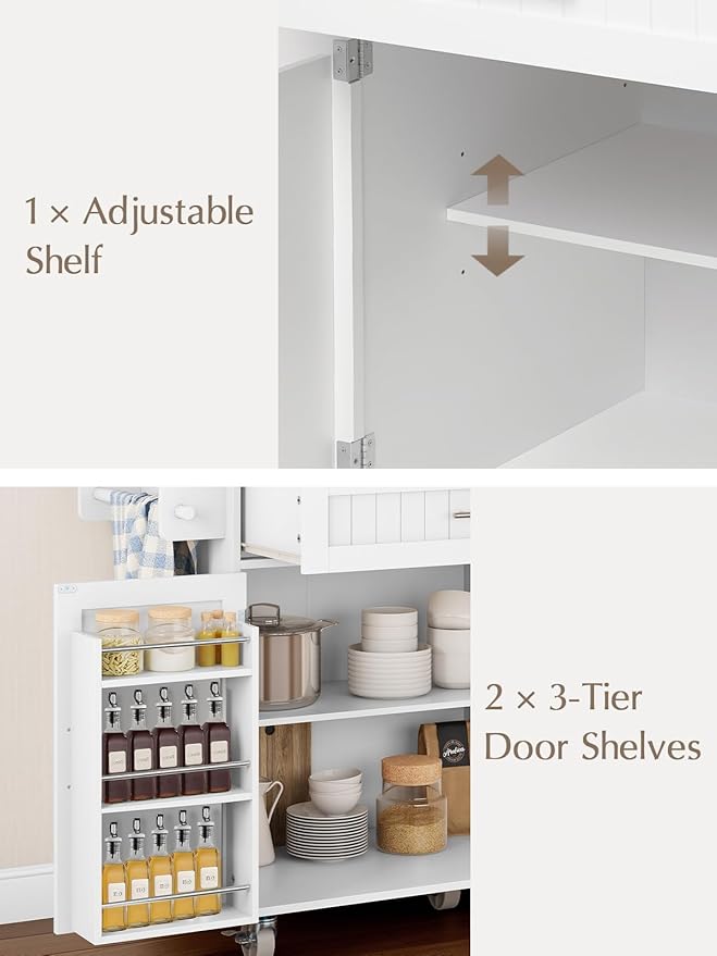 OtterOasis Kitchen Island with Storage, 43.3" Rolling Kitchen Island Cart on Wheels with Wide Drop Leaf Rubberwood Top, Large Mobile Island Table with Trash Can Storage and Towel Bar, White