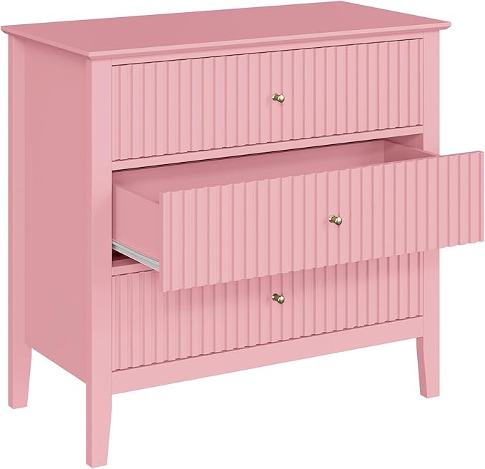 RoyalCraft 32" Large Nightstand Set of 2, Fluted Painted Bedside Table with 3 Spacious Drawers, Modern Tall End Table for Bedroom, Pink