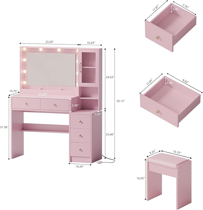 TOKSOM Makeup Vanity with Lights & Charging Station, Pink Vanity Table with 5 Drawers & Open Storage Shelves, Bedroom Makeup Dressing Table Set for Women Girls Round Handles
