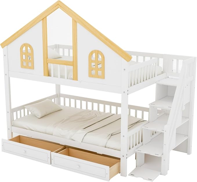 Full Over Full Bunk Bed with Drawers and Storage Stairs, House Castle Bed with Roof and Windows, Bookshelf, Space Saving for Kids, Boys, Girls, Adults, White