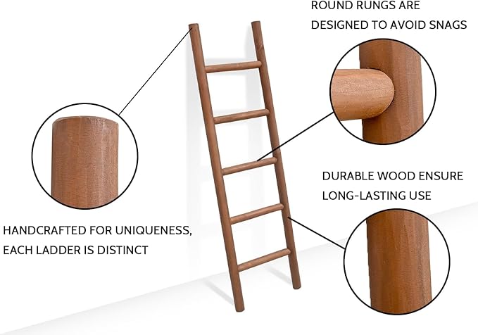 FUIN Fully Assembled 57in Wood Blanket Ladder Living Room Decorative Wall Leaning Farmhouse Quilt Display Holder Rustic Wooden Towel Rack for Bathroom, Dark Brown