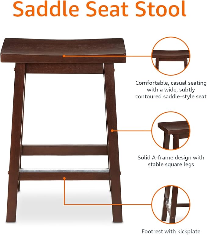 Amazon Basics Solid Wood Saddle-Seat Counter Height Bar Stools for Kitchen Island with Footrest, 24-Inch Height, Walnut, Set of 2