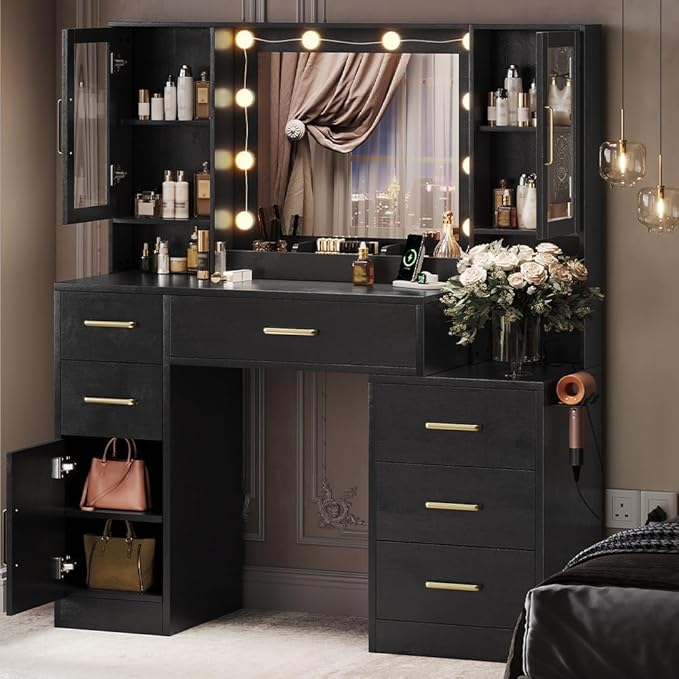 TOKSOM Makeup Vanity Desk with Mirror and Lights, 51" Makeup Vanity with Lights & Charging Station, Dressing Table Vanity Set for Bedroom, Vanity Table with 6 Drawers and 3 Cabinet Black