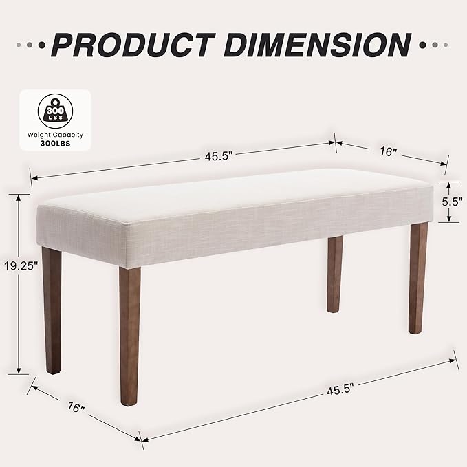 HNY Farmhouse Upholstered Dining Bench Seat Set of 2, 45" Linen Fabric Entryway Bench with Natural Wood Legs, Mid Century Modern End of Bed Bench for Kitchen Bedroom Living Room Hallway, Beige