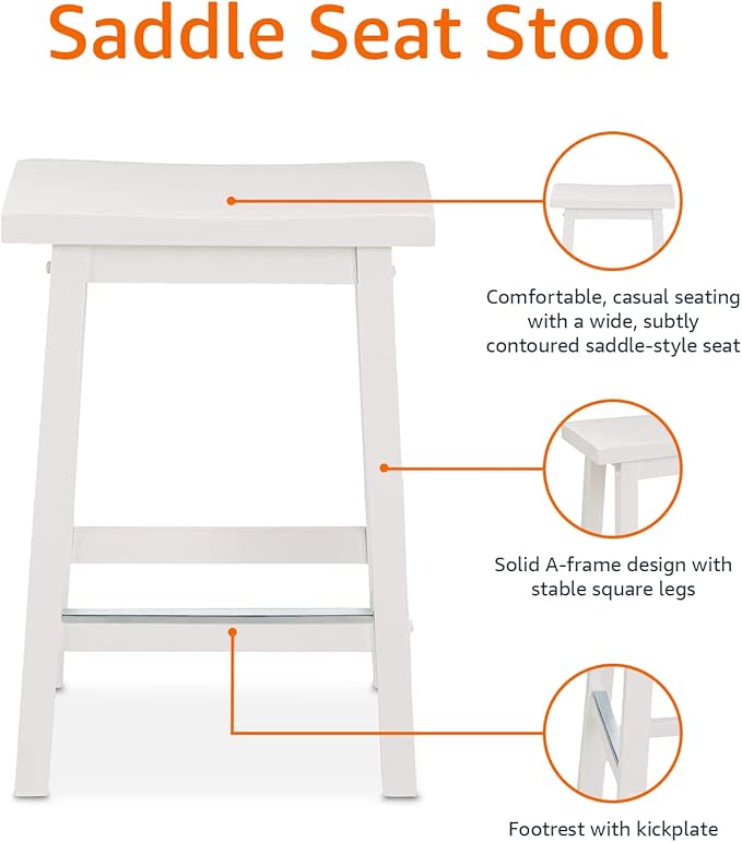 Amazon Basics Solid Wood Saddle-Seat Counter Height Bar Stools for Kitchen Island with Footrest, Sturdy Construction, 24-Inch Height, White, Set of 2