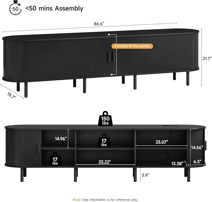 ONBRILL 86.6" TV Stand with Power Outlet for TVs up to 90 Inch, Entertainment Center with Storage and Adjustable Shelves, Modern Media Console with Sliding Doors for Living Room, Black