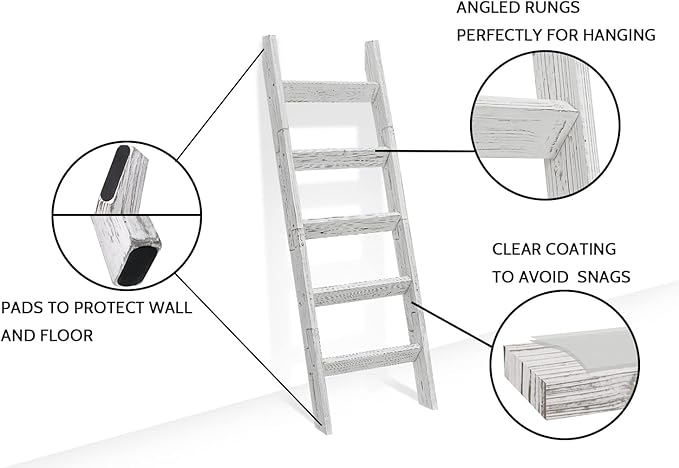 FUIN 5ft Wood Blanket Ladder Living Room Decorative Wall Leaning Farmhouse Quilt Display Holder Storage Wooden Towel Rack for Bathroom, Rustic White