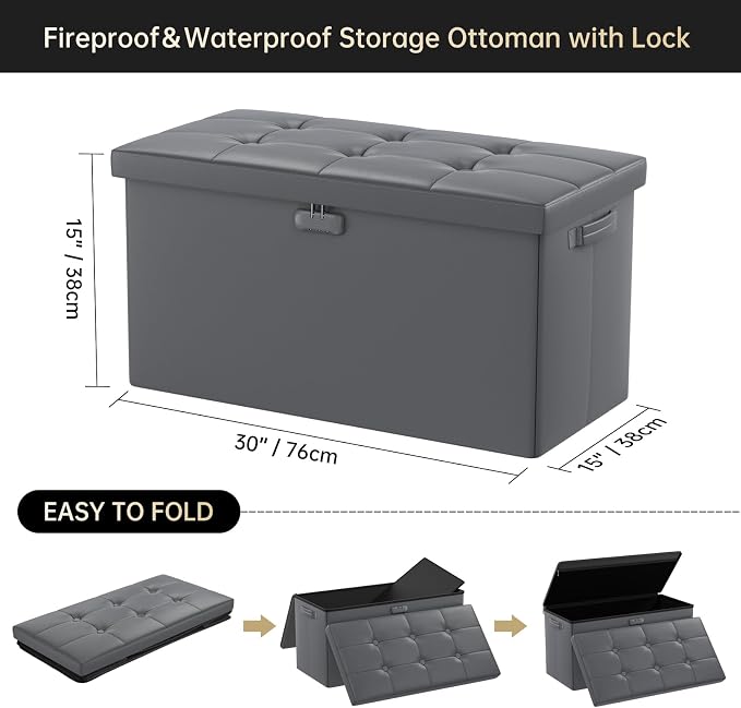 DocSafe Storage Ottoman Bench with Lock,Fireproof 30 Inches Folding Bench Foot Rest Stool Storage Chest Safe for Living Room,Bedroom,Home Office,Waterproof Leather Ottoman with Handles,Gray