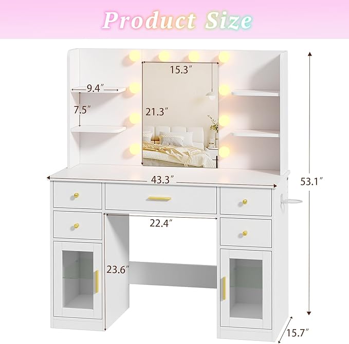 Vanity Desk with Mirror and Lights, Charging Station, Makeup Vanity with 5 Drawers & 4 Open Storage Shelves, White Vanity Table with RGB Cabinets & Hairdryer Holder, Large Dressing Table for Women