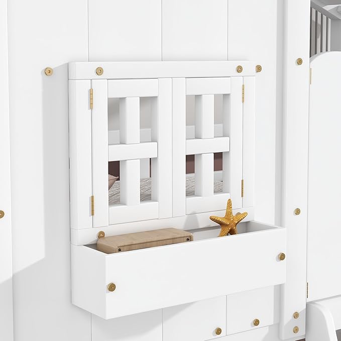 Wooden Twin Over Twin Floor Bunk House Bed with Door and Window Built-in Storage Box, Low Loft Bunk Bed for Kids Girls Boys Adults, No Box Spring Needed, White