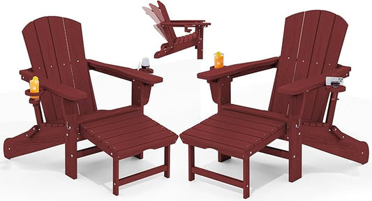 KINGYES Folding Adjustable Adirondack Chair with Ottoman & 2 Cup Holders Set of 2, HDPE Recliner Adirondack Chair with Footrest, Red