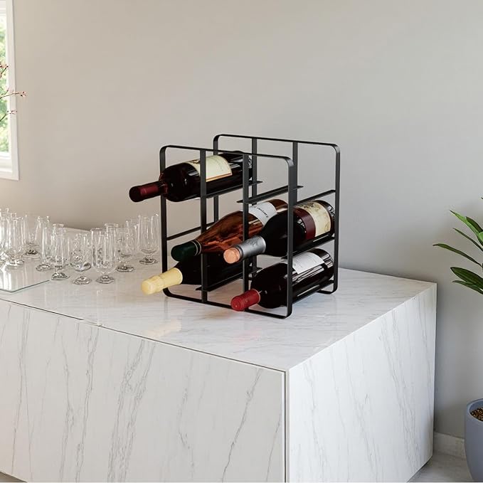 Buruis 9-Bottle Wine Rack, Modern Metal Countertop Wine Holder Stand for Kitchen, Pantry & Cabinet Storage, No Assembly Required, Black