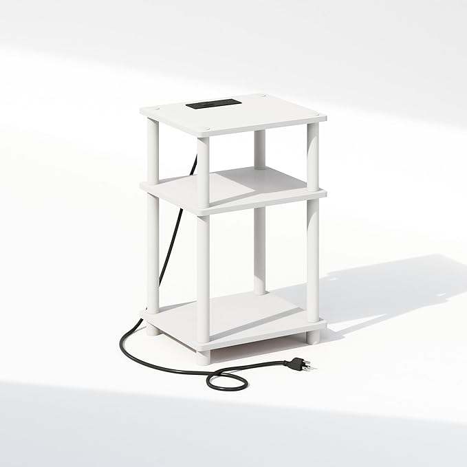 Furinno JUST Night Stand, 3-Tier Turn-N-Tube Nightstand with Charging Station, Bedside Table, End Table, Side Table with USB and Type-C Port, for Bedroom, Closet, Dorm, White