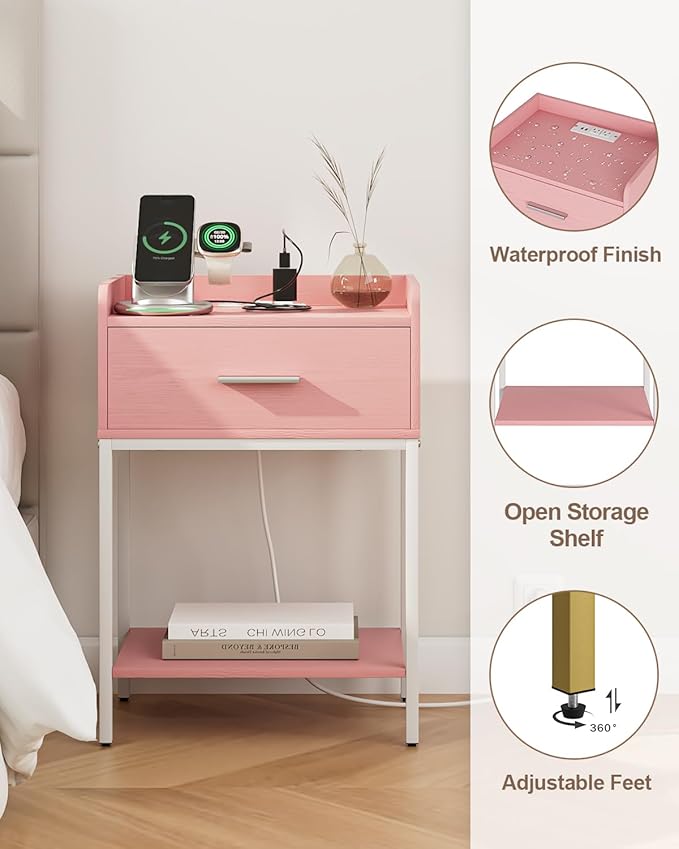 Nightstand with Charging Station,3-Tier Modern Bedside Table Night Stand with Storage Drawer and Open Shelf,Small End Side Table for Bedroom,Living Room,Pink