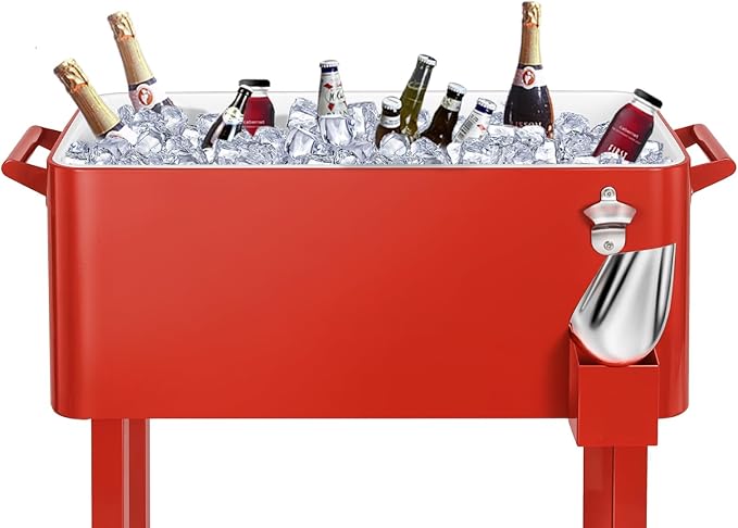 80 Quart Rolling Ice Chest Cooler Cart,Patio Backyard Party Drink Beverage Bar Stand Up Cooler Trolley with Ice Scoop
