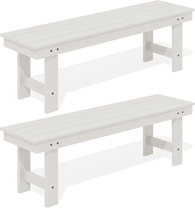SERWALL 2-Person Outdoor Bench Backless, HDPE Outdoor Benches Weatherproof, 660 Lbs Weight Capacity, Poly Lumber Patio Furniture for Garden, Porch and Park, White, 2 Pack