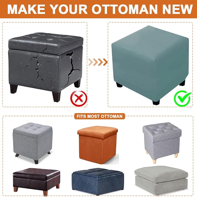 Waterproof Ottoman Cover Square Stretch PU Soft Folding Storage Ottoman Cover with Elastic Bottom Cube Footrest Foot Stool Slipcovers Machine Washable(Large/Light Blue)