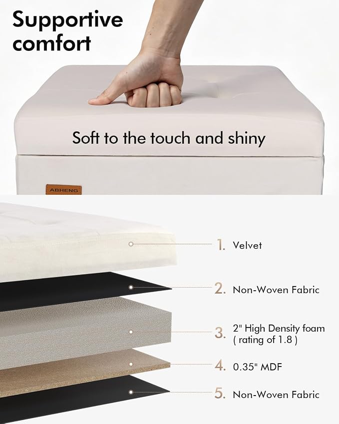 ABHENG Velvet Cover Steel Frame Ottoman with 48L Storage,17.7" x 17.7" x 17.7" Square Linen Storage Ottoman Stool Cube with Legs,for Dorm Livingroom White UASND64W
