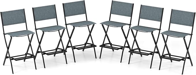 COSTWAY Outdoor Patio Bar Chair Set of 6, Folding Counter Height Stool with Metal Frame & Footrest, Patio Bar Stool for Balcony, Garden & Poolside (6, Blue)