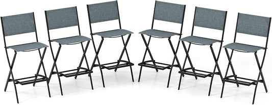 COSTWAY Outdoor Patio Bar Chair Set of 6, Folding Counter Height Stool with Metal Frame & Footrest, Patio Bar Stool for Balcony, Garden & Poolside (6, Blue)