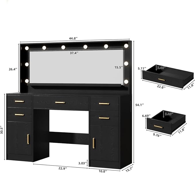 TOKSOM 44.8" Large Vanity Desk with Lighted Mirror & Power Outlet, Black Makeup Vanity Desk with Mirror and Lights, Black Vanity Table with 5 Drawers and 2 Cabinets, Dressing Table for Bedroom