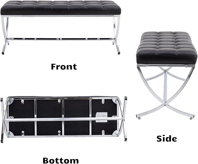 HEAH-YO Modern Dining Bench for Table, Button Tufted Ottoman Bench with Metal Legs, Upholstered PU Faux Leather Footstool for Living Room Entryway, Black