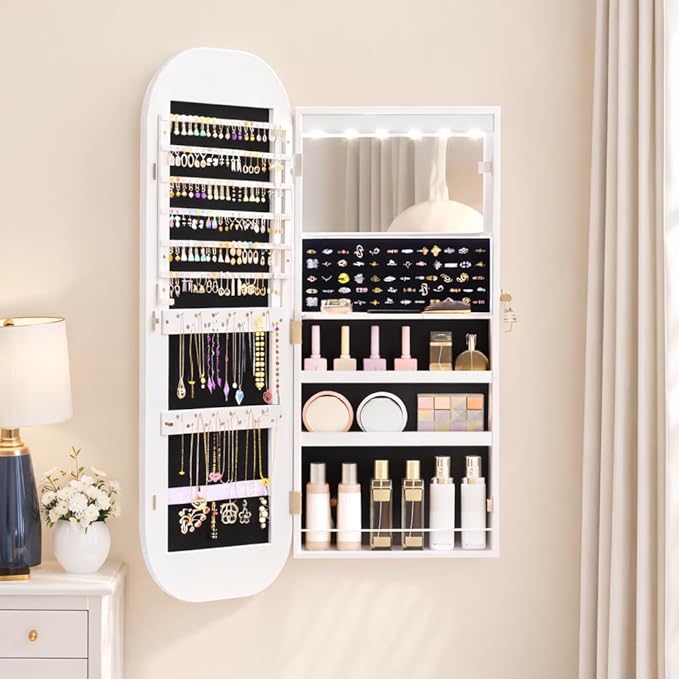 LVSOMT LED Lights Mirror Jewelry Cabinet, Wall Mount/Over the Door Jewelry Armoire Organizer, 42" Full Length Mirror with Storage, Built-in Makeup Mirror, Lockable Mirror Cabinet for Jewelry, White