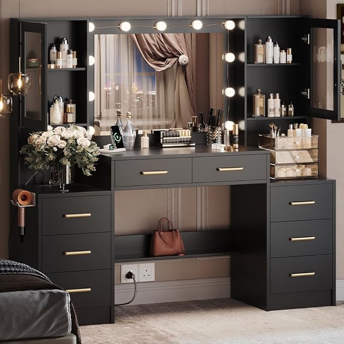TOKSOM Black Vanity Desk with Mirror, Lights & Charging Station, 58.3" 3 Lighting Modes Makeup Desk with 8 Drawers, 2 Cabinets and Lots Storage, Dressing Table Vanity Set with Lighted Mirror