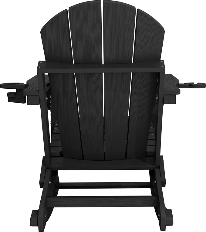 KINGYES Adirondack Rocking Chair with Retractable Ottoman and Cup Holders, HDPE Adirondack Rocker Patio Rocking Chair for Porch, Patio, Balcony, Black