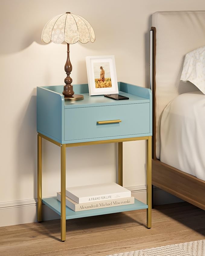 Nightstand,Modern Bedside Table Night Stand with Storage Drawer and Open Shelf,Small End Side Table for Bedroom,Living Room,Blue