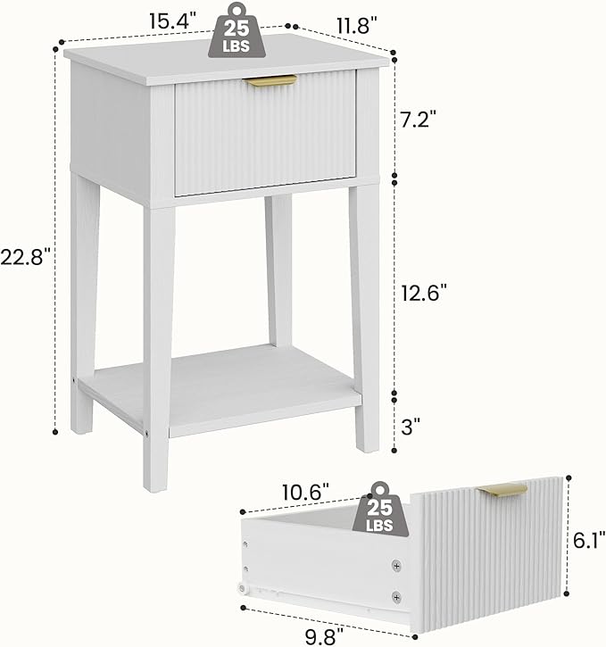Modern Fluted Small Wood Nightstands Set of 2, 11.8" Deep x 15.4" Narrow Bedside Tables with Drawer & Open Shelf, Farmhouse Chic Side Tables for Bedroom - White